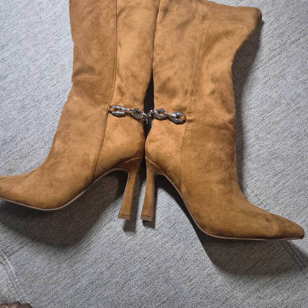 Rampage Women Cognac Faux Suede Boots Pointed Toe Stiletto Chain Ankle Detail
